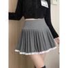 Women's Plus Size Woolen Pleated A-line Skirt with Lace Trim - High Waist Puff Design for Spring & Autumn