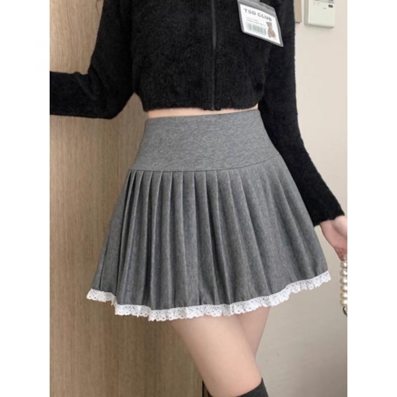 Women's Plus Size Woolen Pleated A-line Skirt with Lace Trim - High Waist Puff Design for Spring & Autumn
