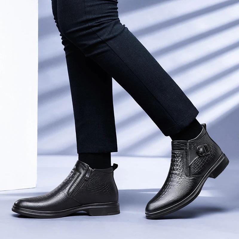 Fashion Mens Genuine Leather High Quality Boots Fashion Causal Boots Chelsea Shoes Pointed Boots Business Warm Plush Cowboy Ankle Boots