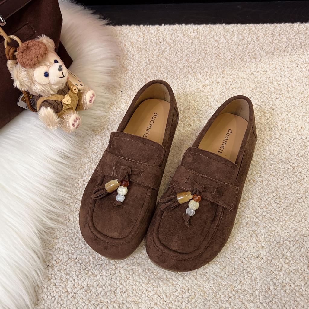 Spring and Summer 2025 New Fashion One-pedal Deep-mouth Loafers Women's Suede Round Head Thick Sole Low-heeled Small Leather Shoes