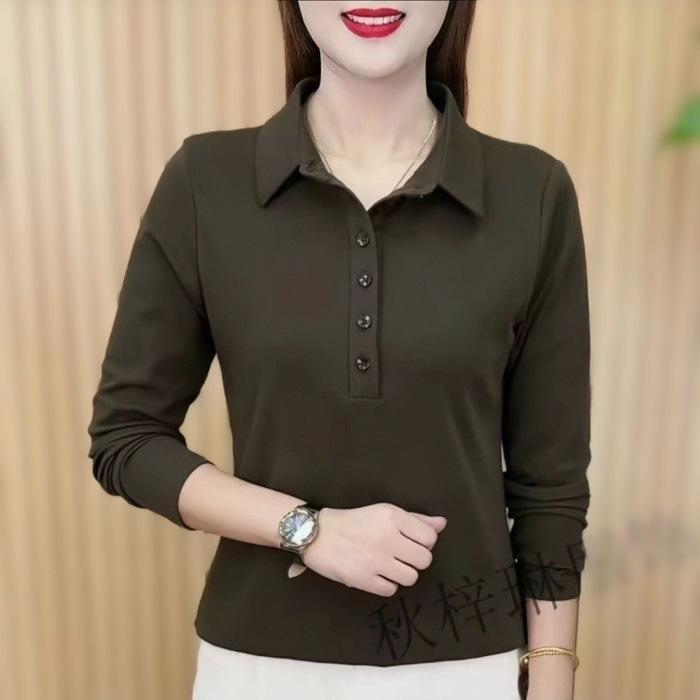 

Модный топ с длинным рукавом и воротником поло для женщин среднего возраста - Весенне-осенняя приталенная рубашка L коричневый