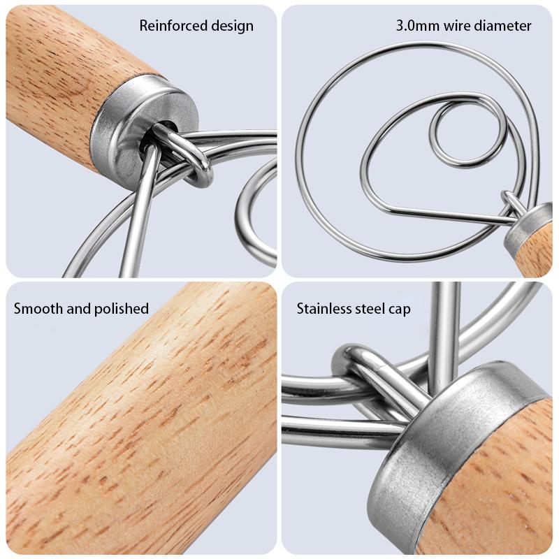 13 Inch Oak Handle Milk Baking Flour Mixer Flour Mixer Danish Dough Mixing Rod Stainless Steel Coil Hand Blender Cooking Tool