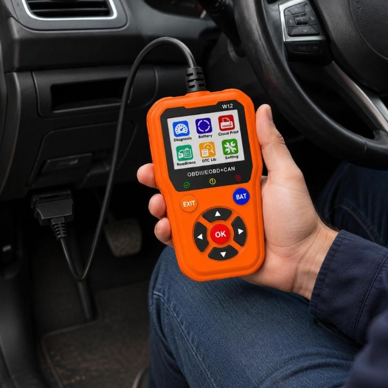 Vehicle Diagnostic Device for Engine Fault Scanning and Code Management with a Fixed Cable and Pin-Array End for Direct Use