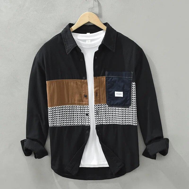 2024 Spring White Shirt Men Casual Long Sleeve Shirts 100% Cotton Plaid Patchwork Designer Loose Men's Fashion Shirt