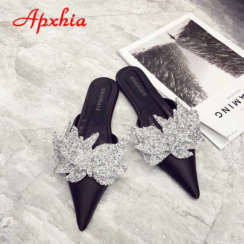 Fashion Aphixta  Appliques Crystals Silk Women Slippers Fashion Mules Rose Red Flat Heel Autumn Flowers Pointed Toe Slides