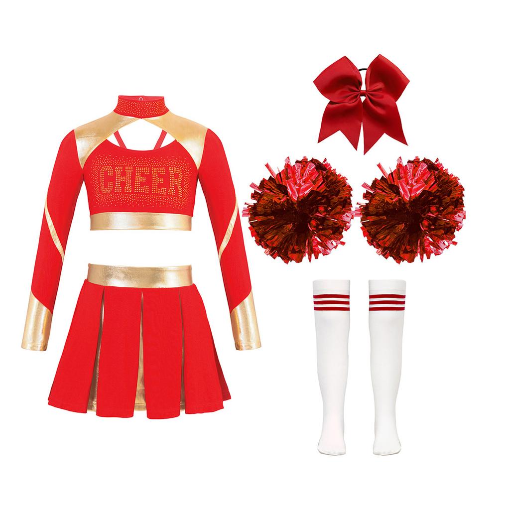 Kinder Mädchen Glitzerndes Cheer Outfit Ausgeschnittenes Crop Top Plissee Rock Gestreifte Strümpfe Schleife Accessoires Set