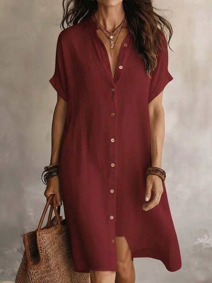 2026 European and American new shirt skirt fashionable and casual solid color short-sleeved button medium and long dress
