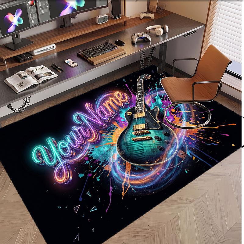 Music Guitar Theme Soft Crystal Velvet Rug Custom Name & Text Print Non Slip Floor Rug for Bedroom Living Room