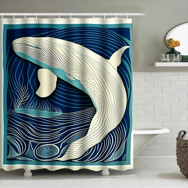 Whale Print Shower Curtain Blue White Pattern Home Decor Waterproof Bathroom Decoration Customizable Size Options Available Inte