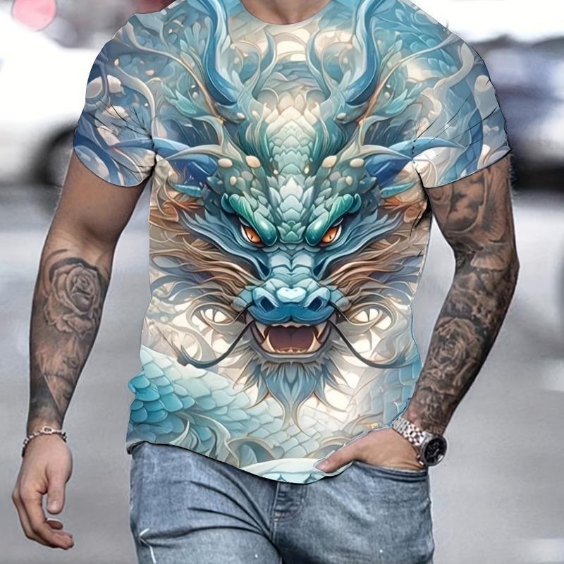 Men's fashionable 3D dragon print flower T-shirt, casual slightly elastic breathable top, suitable for outdoor summer