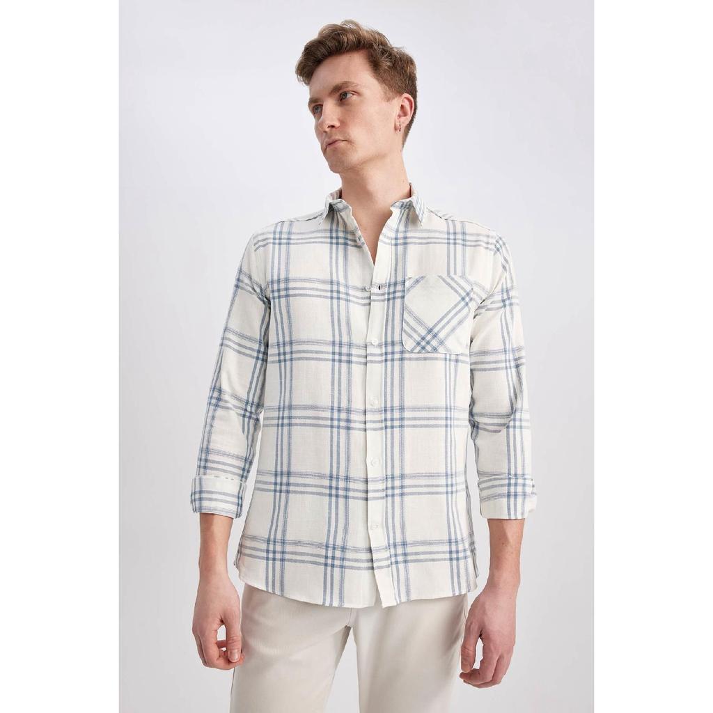 Modern Fit Polo Neck Long Sleeve Checked 100% Cotton Shirt