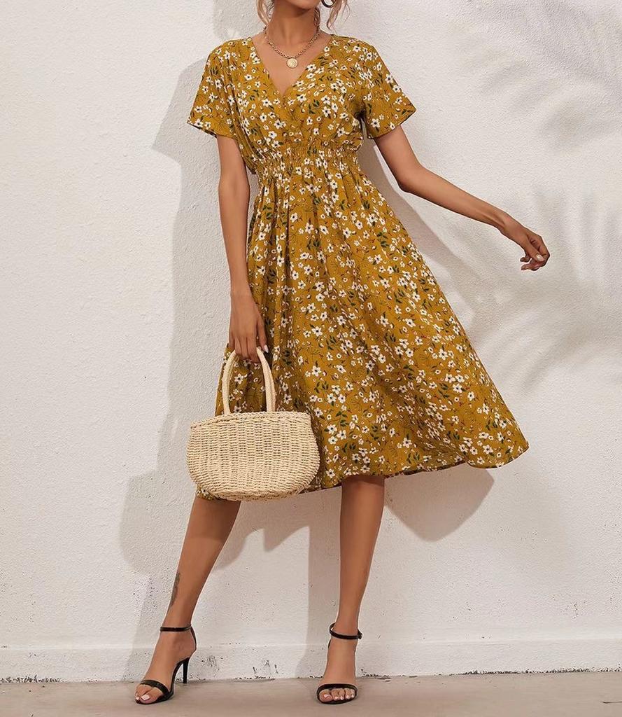 Fashion Women's Casual V-Neck Printed Midi Skirt Elastic Waist Dress