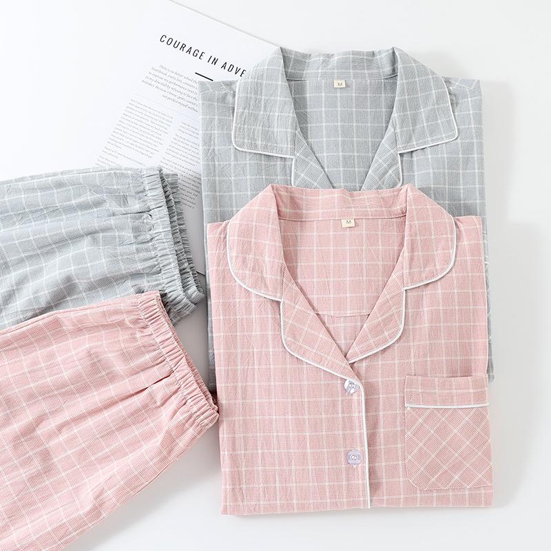 Pigiama da coppia, set da due pezzi, pantaloni a maniche lunghe in cotone, semplice stampa a quadri, pigiama da donna e da uomo, abbigliamento da casa, pigiameria