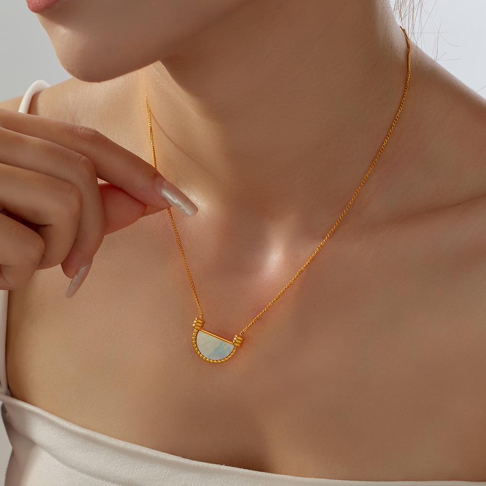 French Retro Geometric White Mother-of-Pearl Pendant Clavicle Chain Earrings In Titanium Steel and 18K Gold for Women