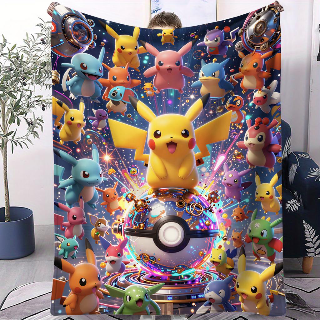 Pokemon Mega Gathering Cute Pikachu Print Fleece Throw Blanket for Adult Quality Cozy Soft Warm Blanket for Travel Office Home