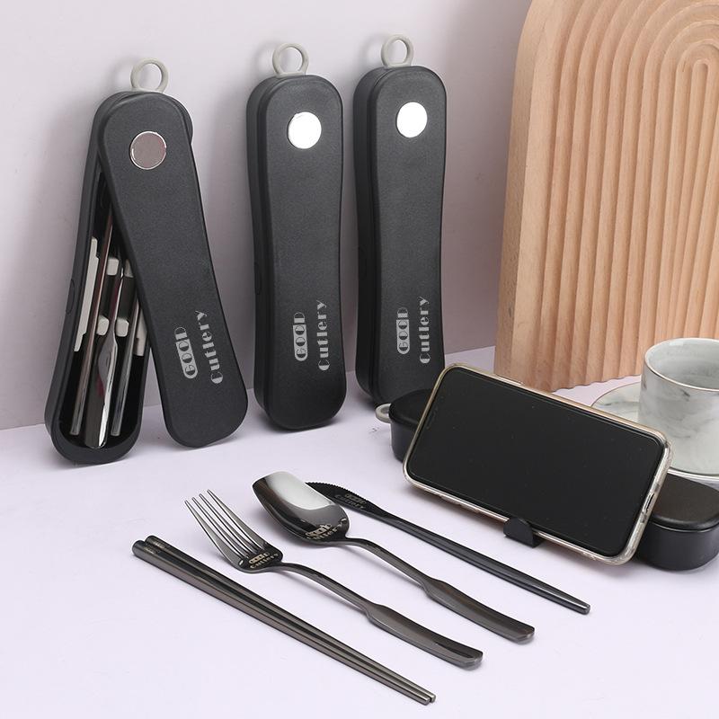 Cuțit, lingură, furculiță și betisoare din oțel inoxidabil cu cutie, set portabil de veselă, tacâmuri pentru studenți și muncitori, veselă pentru picnic