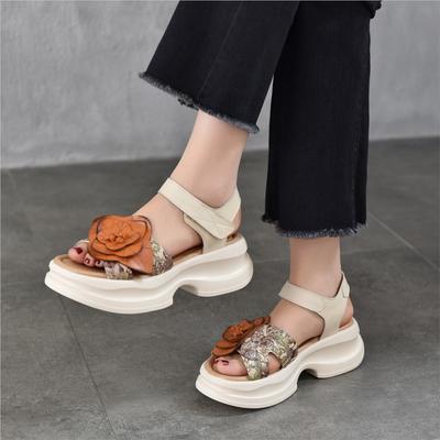 Retro-Sandalen mit großer Blume und dicker Sohle, echtes Leder, Peep-Toe-Plateauschuhe für Damen