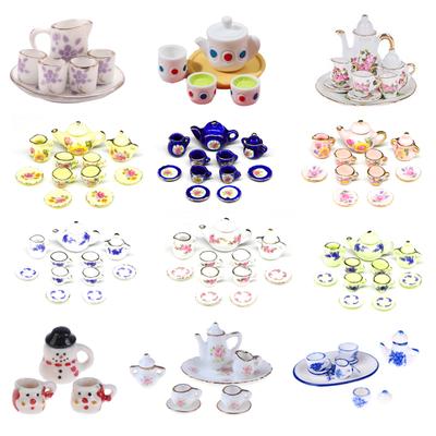 Girls Toys Tea Game Miniature Tea Set Dollhouse Furniture 1:12 Porcelain Cups Flower Tableware Kitchen Decorative Teapots