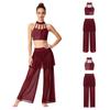 Dámský outfit pro lyrický tanec Crop top s kamínky a zavazováním za krk s průhlednými širokými kalhotami se sukněmi a všitými kalhotkami pro moderní tanec a jevištní vystoupení