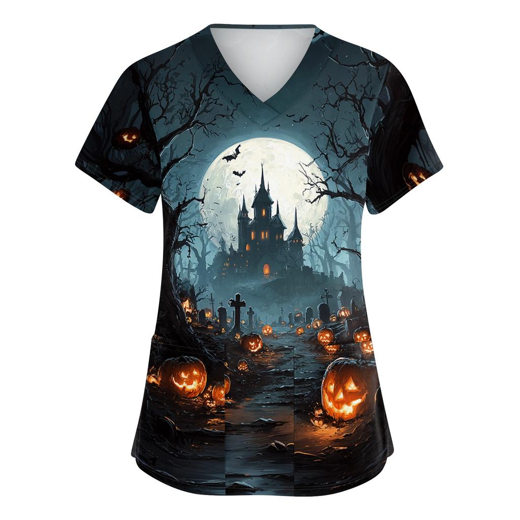Women's V Neck Short Sleeve Work Shirt with Side Slits and Pockets Halloween Themed Printed Top Suitable for Casual and Professional Wear