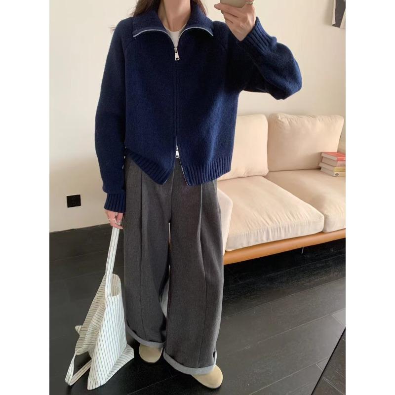 

Женский вязаный кардиган на двойной молнии с лацканами, новый осенне-зимний, со стойкой, в ленивом стиле, свободный, универсальный, куртка-свитер, толстый One size темно-синий