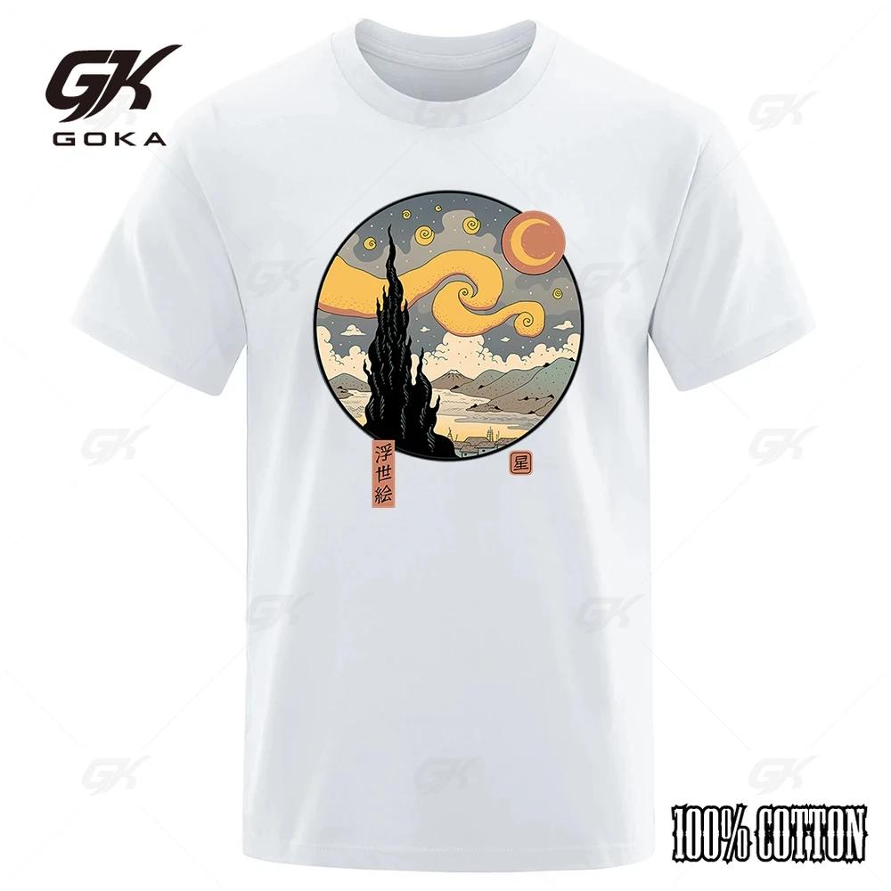 Starry UkiyoE Night Funny Printing T Shirts Mens Harajuku Casual Tshirts Cotton Short Sleeve High Quality Street Tops