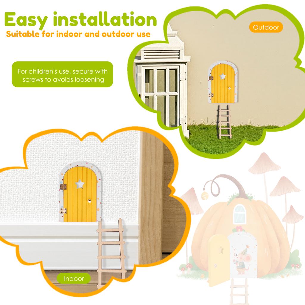 Cartoon Elf Door Fairy Door Kit with Ladder Natural Wood Elf Door Kit for Children's Room Wall Bookshelf Tree Garden Decoration
