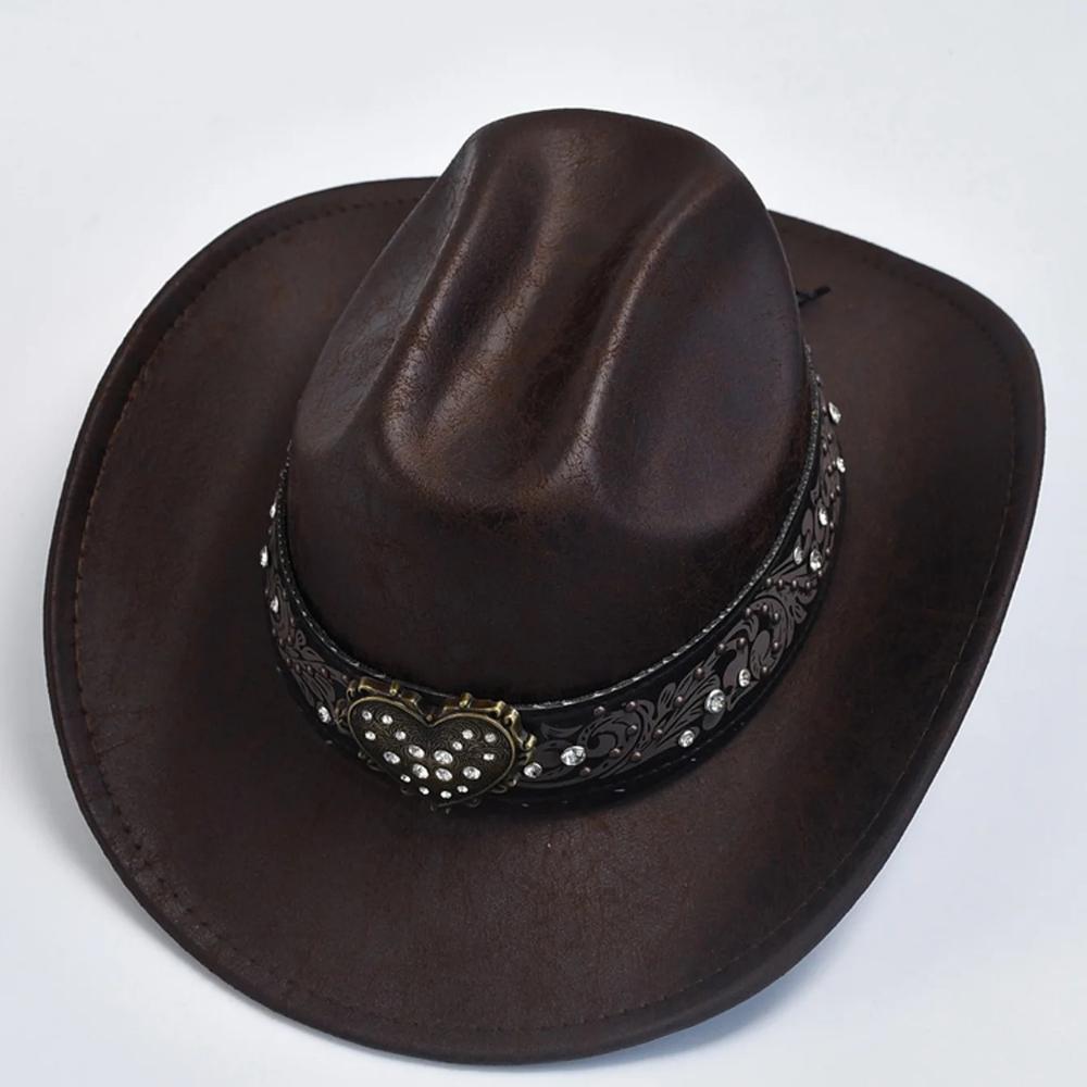 Faux PU Leather Western Cowboy Hats for Women Vintage Cowgirl Jazz Hat