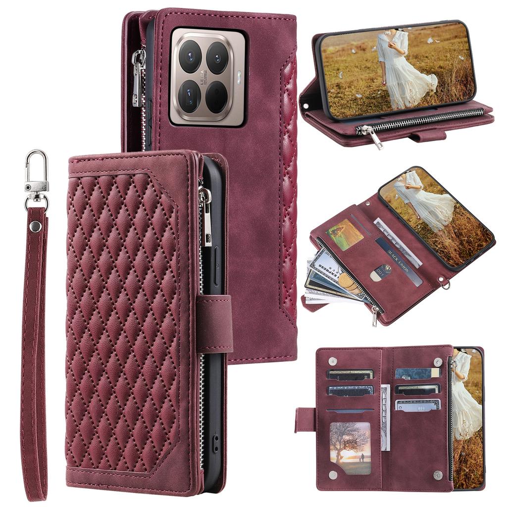 For Xiaomi 15T Pro Wallet Case Rhombus Stitching Line PU Leather Phone Cover with Wrist Strap