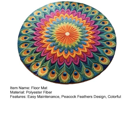 Pfauenfedern Bereichsteppich Rund Pfauenfeder Blume Rutschfeste Bodenmatte Dekorative Wohnzimmerteppich für Schlafzimmer Esszimmer