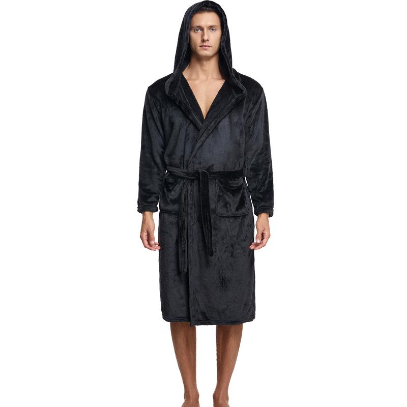 Men's Hooded Coral Fleece Flannel Bathrobe Pajamas Homewear