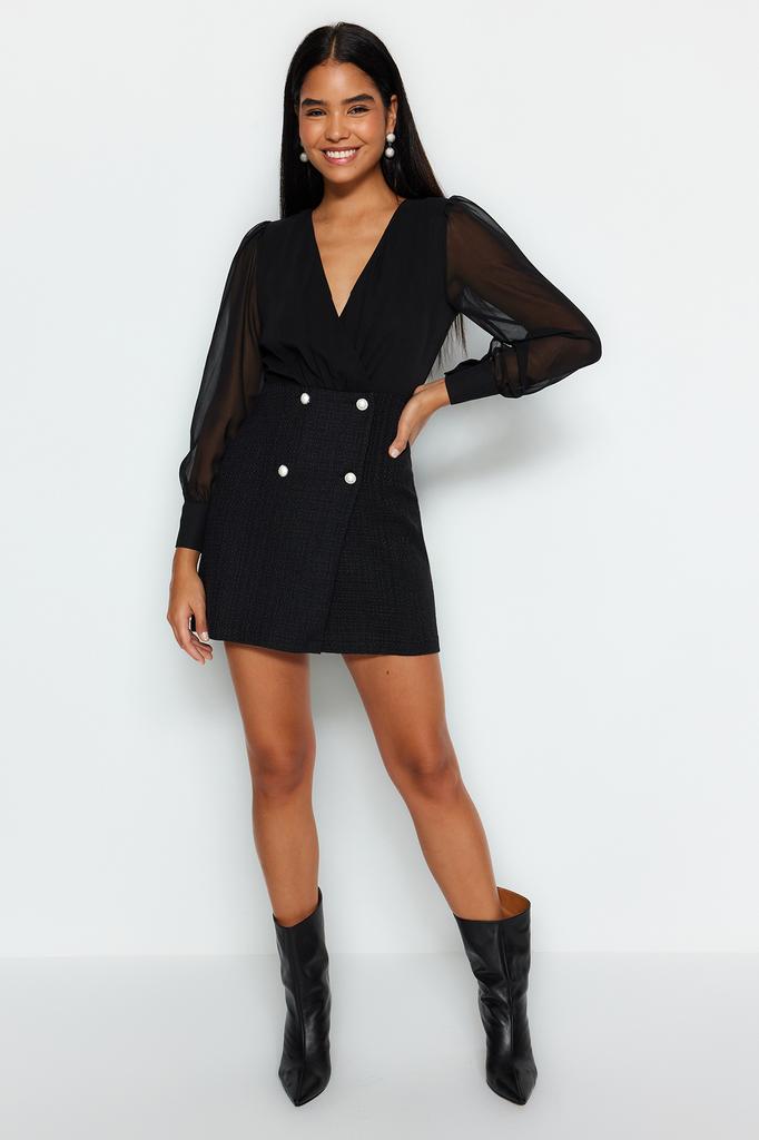 Women's Fashion Casual Standard Sleeve Mini Navy Blue Collar Detailed Lined Chiffon Woven Dress