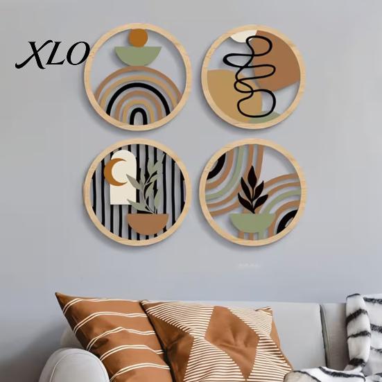 Organic Texture Wall Hangings 4Pcs Boho Wooden Art , 2D Flat Round Hanging Signs, Modern Geometric Decorative Plaques Wood Decor, Bohemian for Living