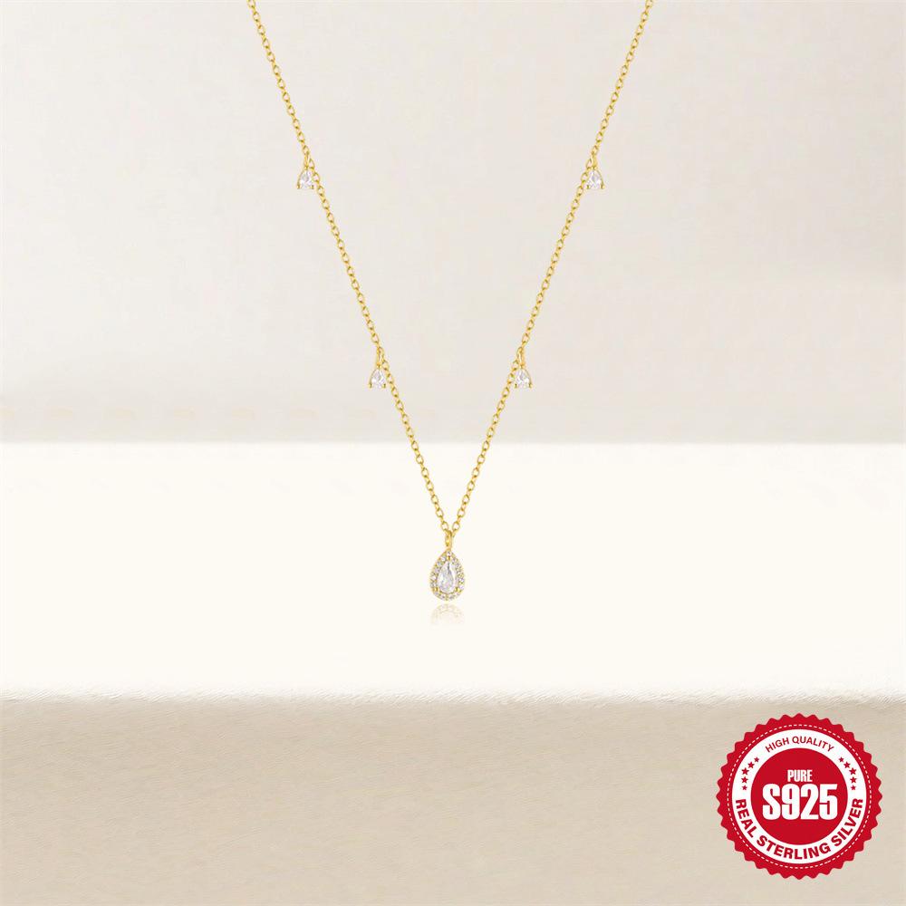 Stylish And Simple S925 Sterling Silver Water Drop Diamond Stacked Women'S Versatile Collarbone Necklace