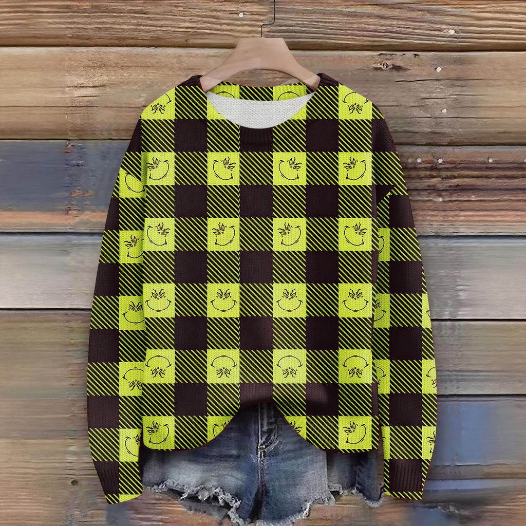 Long Sleeve Pullover Sweaters For Women O Neck Casual Cute Printing Knit Oversized Sweater