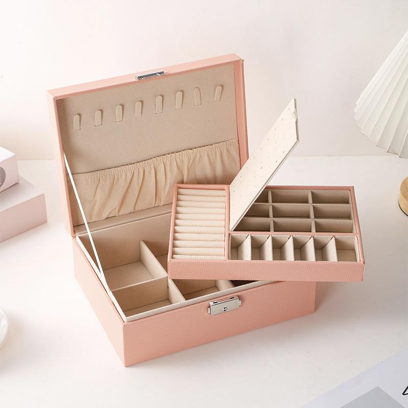 PU Leather Jewelry Box Organizer for Rings Earrings Necklace Large Capacity Double Layer Storage Case Korean Accessories Box