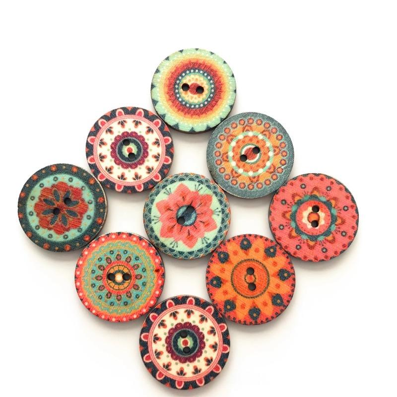 50PCS 20MM Mixed Random Flower Painting Round 2 Holes Wood Wooden Buttons for Sewing Crafting