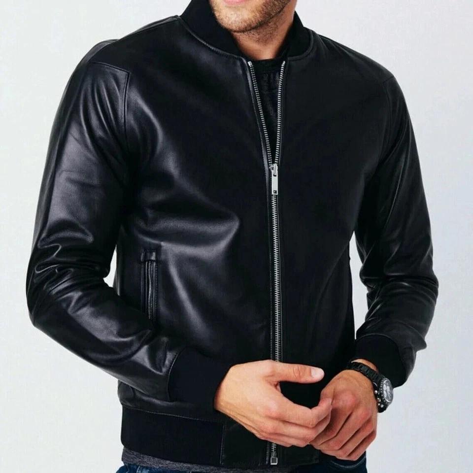 Jacket Bomber Handmade Leather Stylish Men's Black Genuine Lambskin Motorcycle Biker