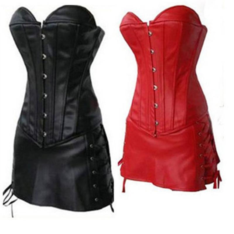 Sexy Royal Style Faux Leather Corset Top And Skirt Shapewear Set For Women