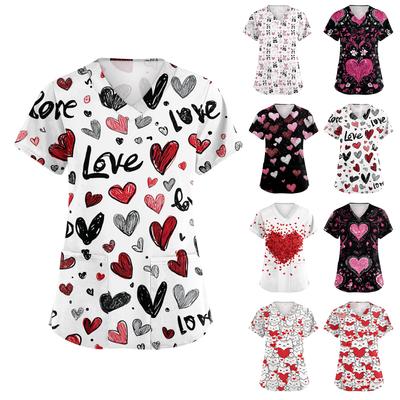 Women's V-neck Valentine's Day Printed Short-sleeved Pocket Side-slit Protective Suit Top