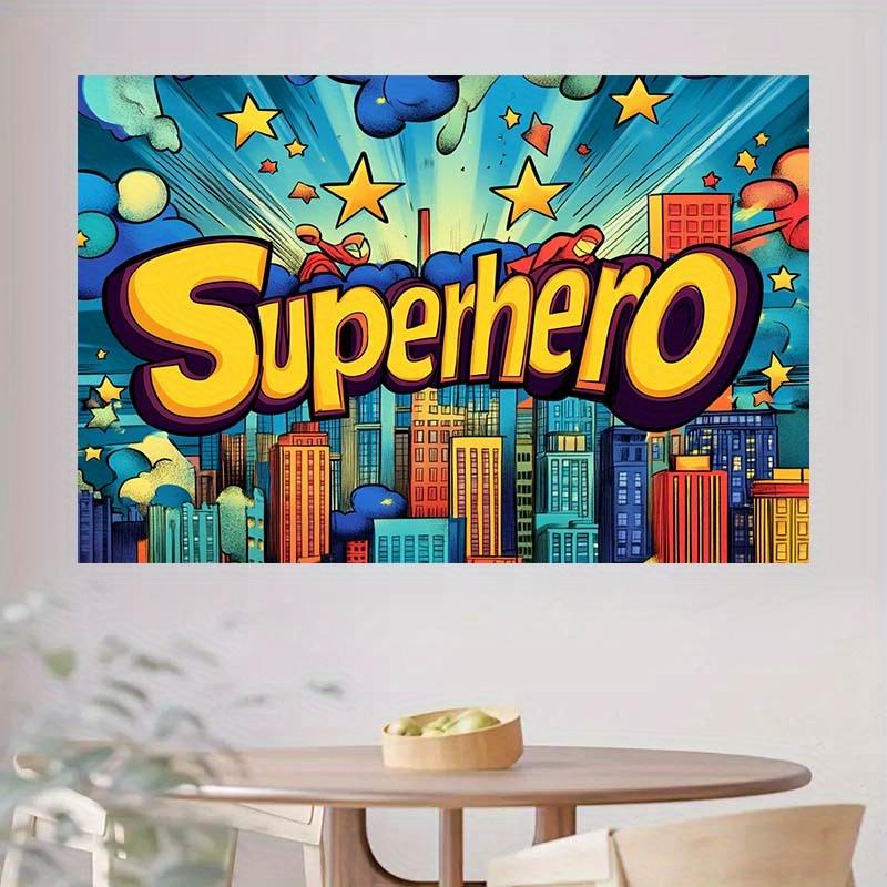 1 piece of superhero-themed background fabric, featuring colorful city scenes and star patterns