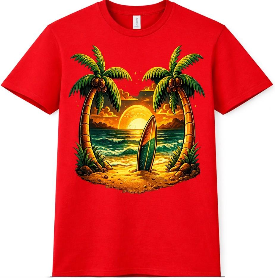 Tropical Beach T-Shirt Sunset Surfboard Graphic Palm Trees Ocean Summer tee S