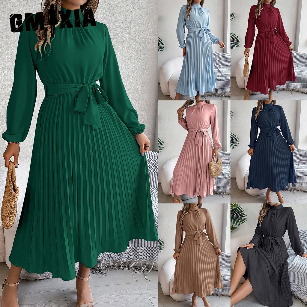 GMXIA Autumn and Winter Elegant Stand-up Collar, Long-sleeved, Cinched Waist, Pleated Long Dress and Cocktail Dress Women's Wear