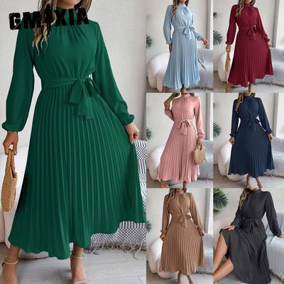 Herbst und Winter Elegant Stehkragen, Langärmlig, Tailliert, Plissiertes Langes Kleid und Cocktailkleid Damenbekleidung
