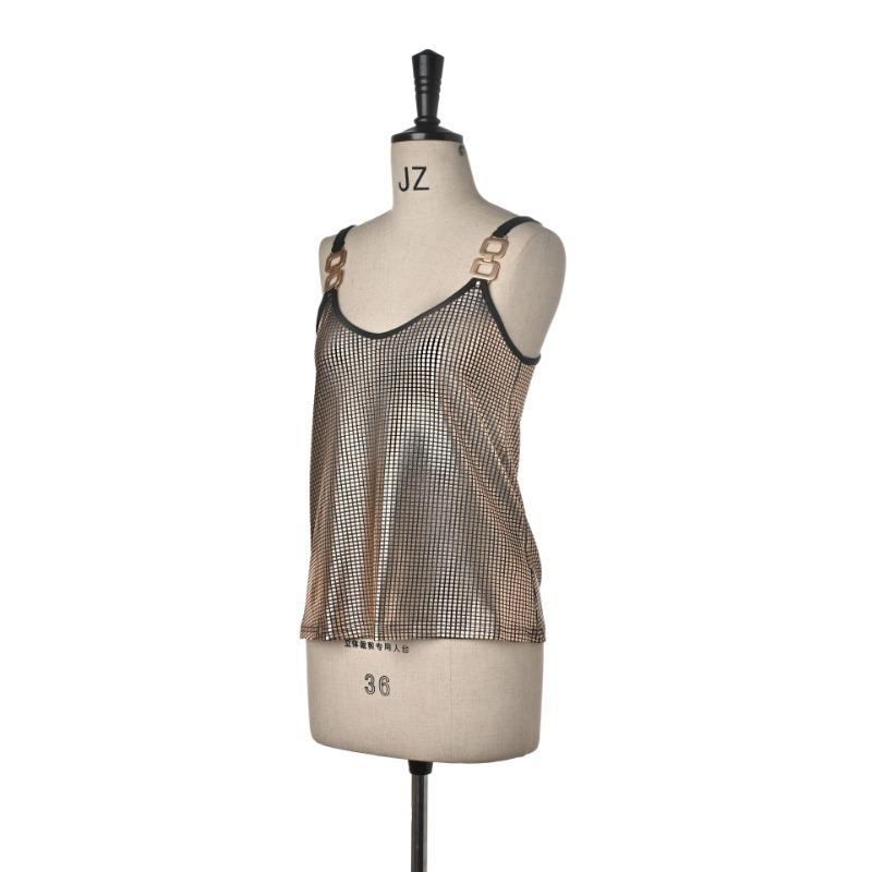 Top Cami da Donna Scollo a V in Rete con Paillettes e Cinturino con Fibbia Metallica per Festa Nightclub Blusa Senza Maniche Monocolore