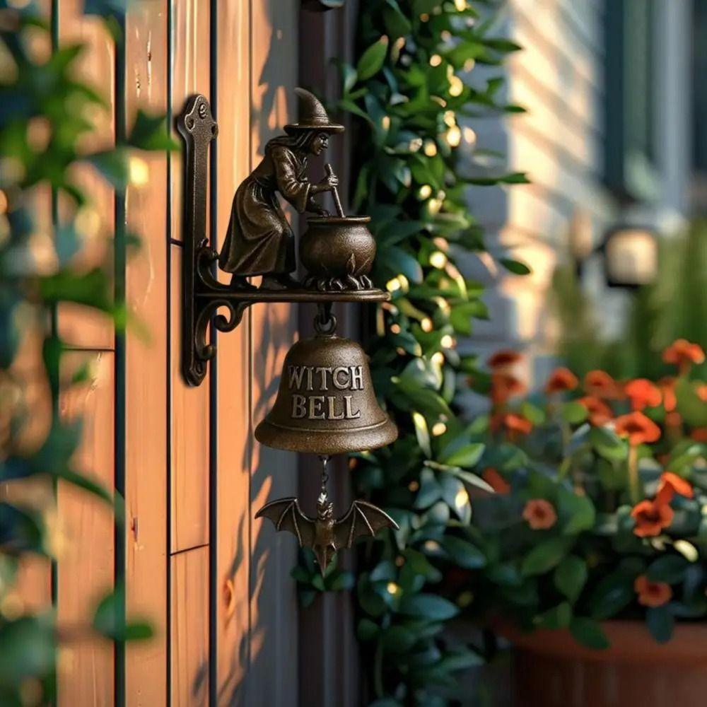 Wall Mount Witch Doorbell Witch on Broom Design Decorative Accessory Cast Iron Door Hanger Bell Outdoor Decorative Bell