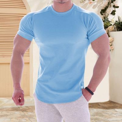 T-shirt de sport d'été pour hommes, col rond, manches courtes, coupe ajustée, couleur unie, élastique, séchage rapide, doux, respirant, pull mi-long, jogging, haut de sport