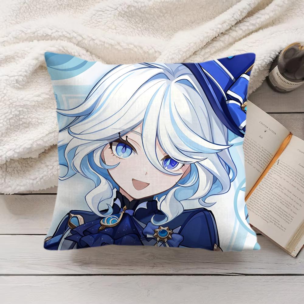 Cute Furina Genshin Impact Cushion Cover Silky Short Plush Invisible Zipper Dustproof Sofa Pillow Case For Home Decor
