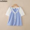 VONDA Women Short Sleeve Lace Crochet Hollow Patchwork Plaid Casual Blouse