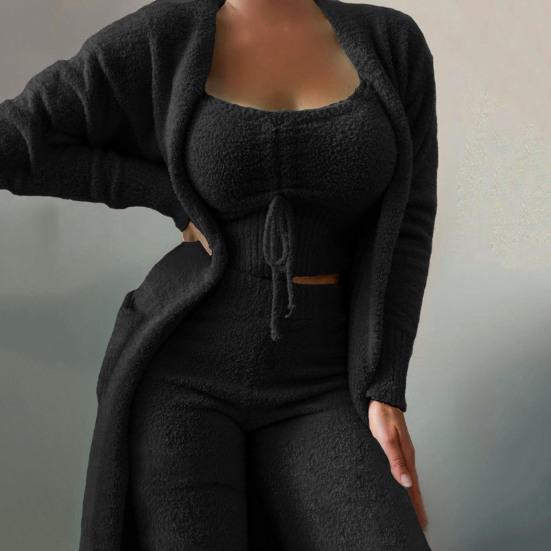 3-teiliges/Set Damen Pyjama Set Einfarbig Plüsch Kurze Oberteile Tiefer Ausschnitt Loungewear